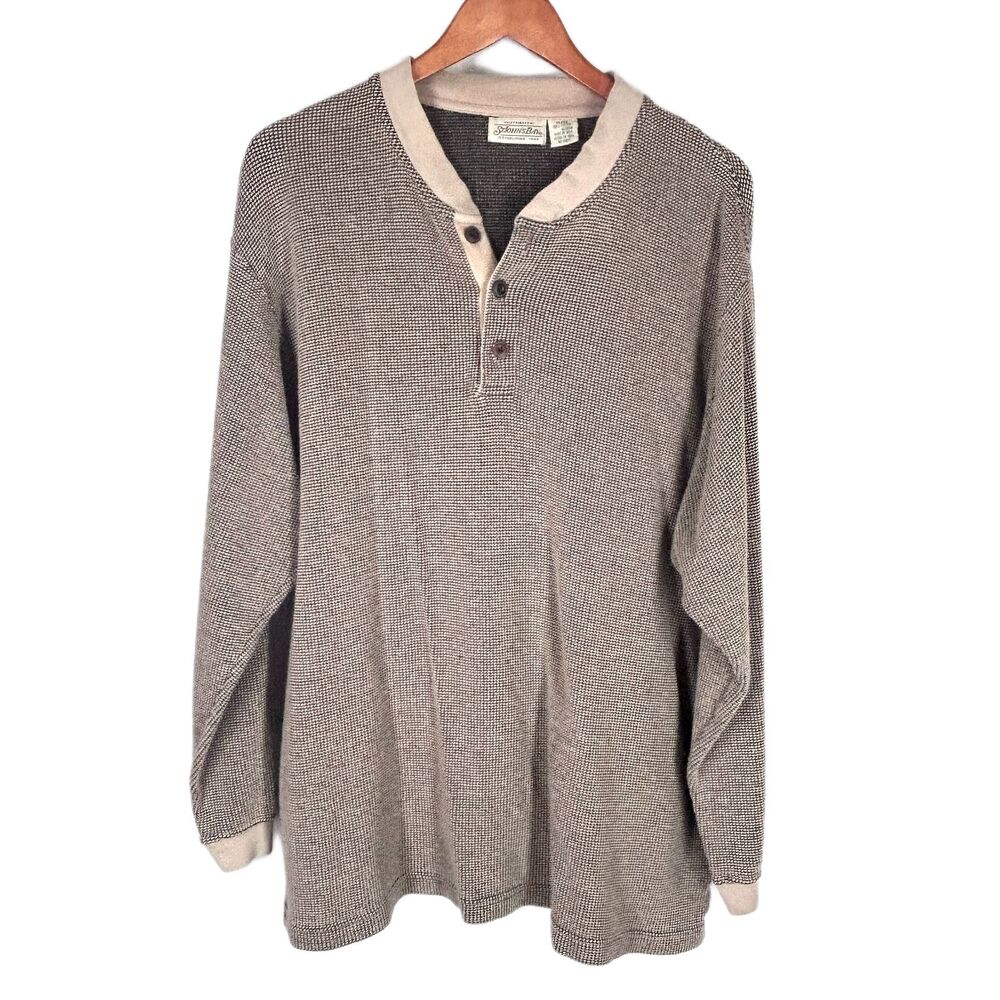 St Johns Bay Mens Waffle Knit Top XL Black Polo Shirt Tan/Beige Tiny Check